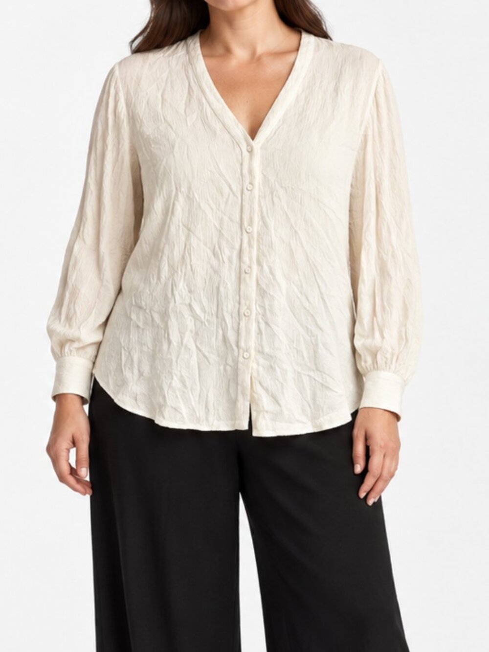 Eileen Fisher Ivory 100% Silk Crinkle V Neck Button Blouse Size Large Lagenlook